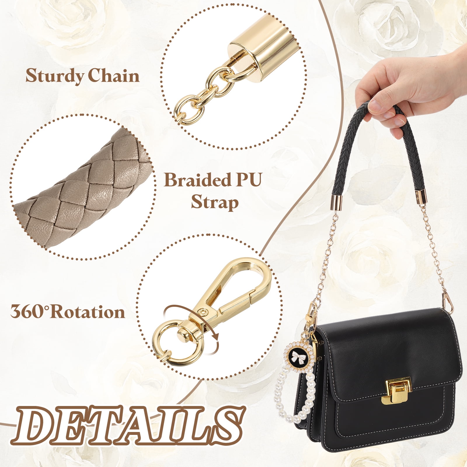 Uxcell 2 Pcs PU Leather Chain Purse Strap, 23.6 Inch Braided Purse Handles Replacement Strap with Pearl Pendant for Tote Bag Handbag Underarm Bag (Gray, Light Gold Chain)