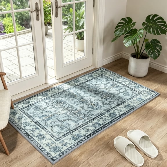 2x3 Small Rugs Vintage Print Washable Door Mat Indoor Entrance Low Pile Rug for Living Room Entryway, Kitchen, Blue