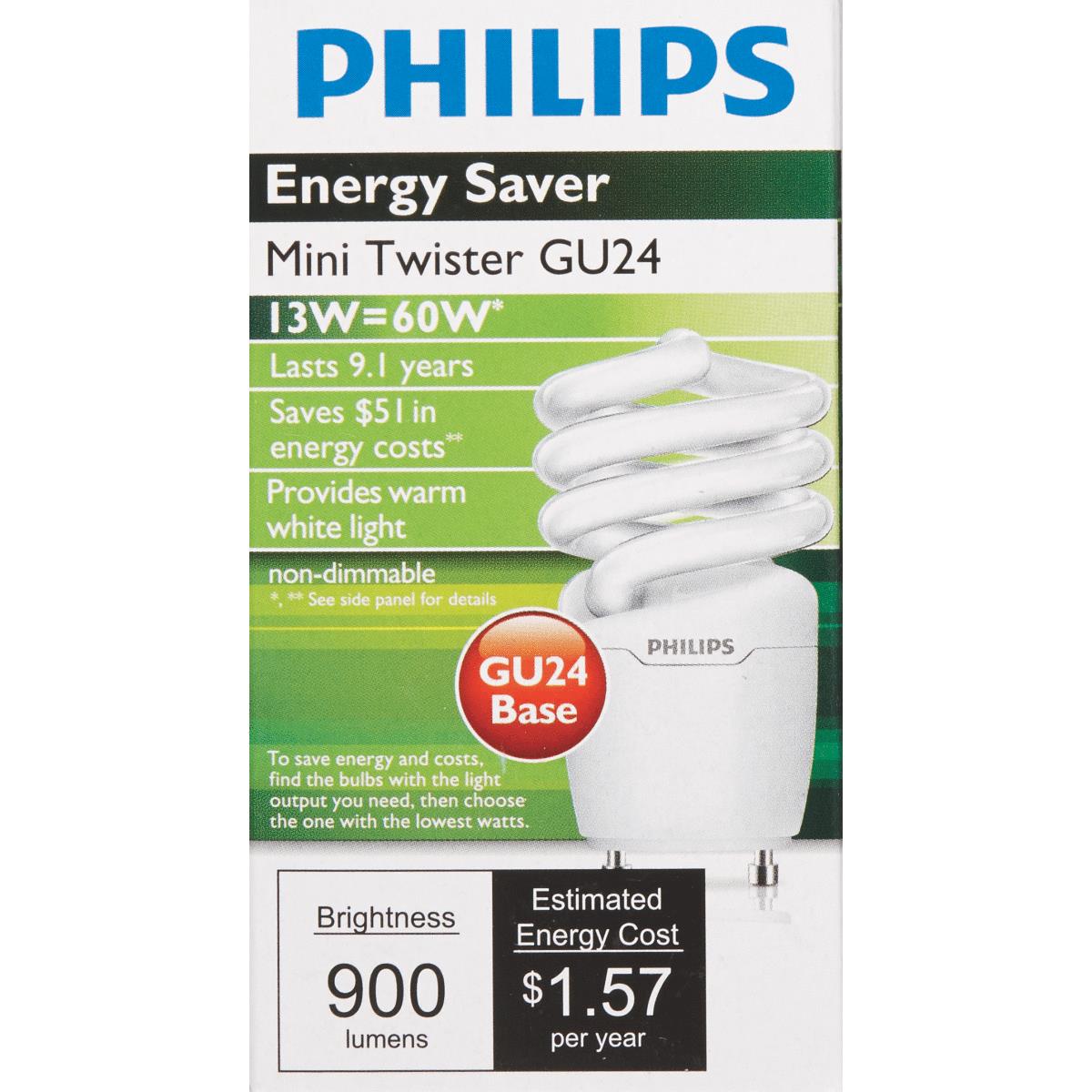 Philips Energy Saver EL/mdTQS - Non-integrated compact fluorescent light bulb - shape: spiral tube - GU24 - 13 W (equivalent 60 W) - warm white light - 2700 K - image 2 of 2