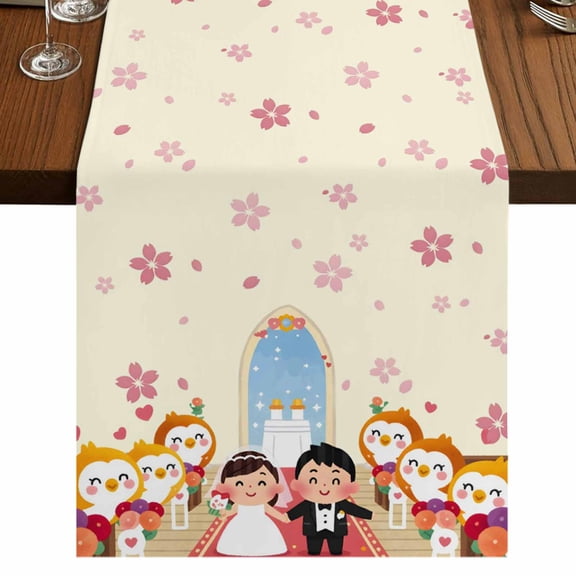 Table Runners 120 Inches Long Dress Scarves, Japanese Wedding Farmhouse Coffee/Dining/Kitchen Table Runner for Living Room, Cute Owls Cherry Blossoms Beige 13x120 Inch