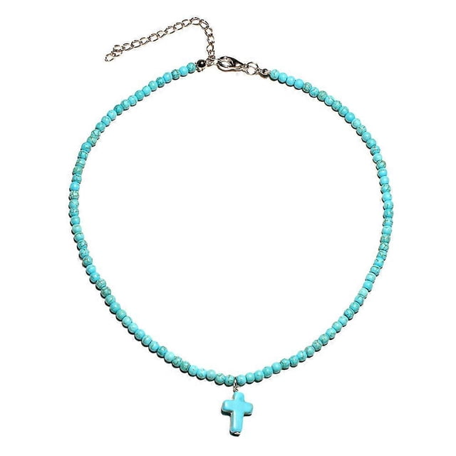 Fashion Christian Cross Pendant Necklace Turquoise Clavicle Necklace Choker for Women Girls