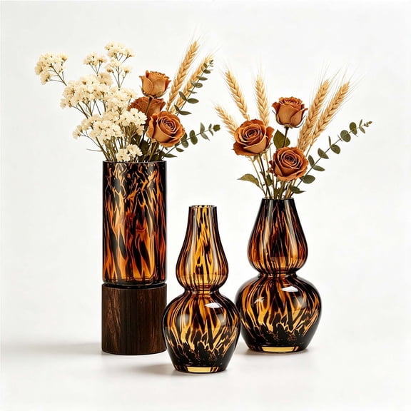 Tortoiseshell Glass Vase with Wood Base, Brown Leopard Print Decorative Vase for Dried Flowers, Fall Table Centerpiece Decor for Home Living Room Shelf