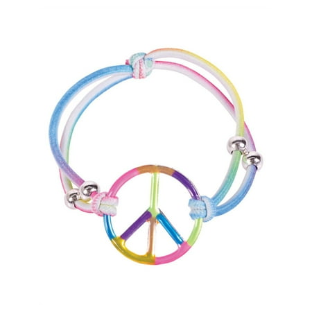 Lot 12 7" Adult 60s Hippie Rainbow Peace Sign Costume Elastic Bracelet Medallion