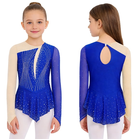 iiniim Girls Glitter Roller Skating Figure Skating Long Sleeve Lyrical Ballet Dance Dress Royal Blue 12