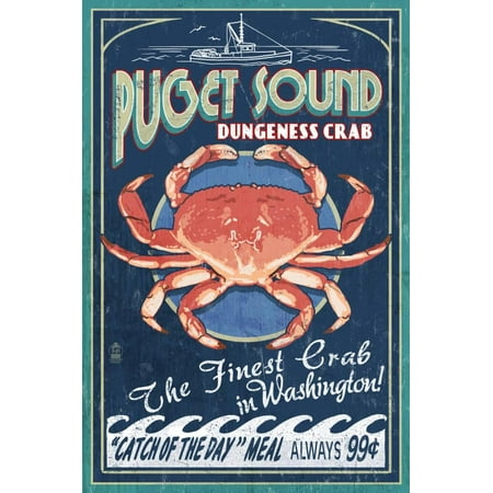 Puget Sound, Washington - Dungeness Crab Vintage Sign Print Wall Art By Lantern
