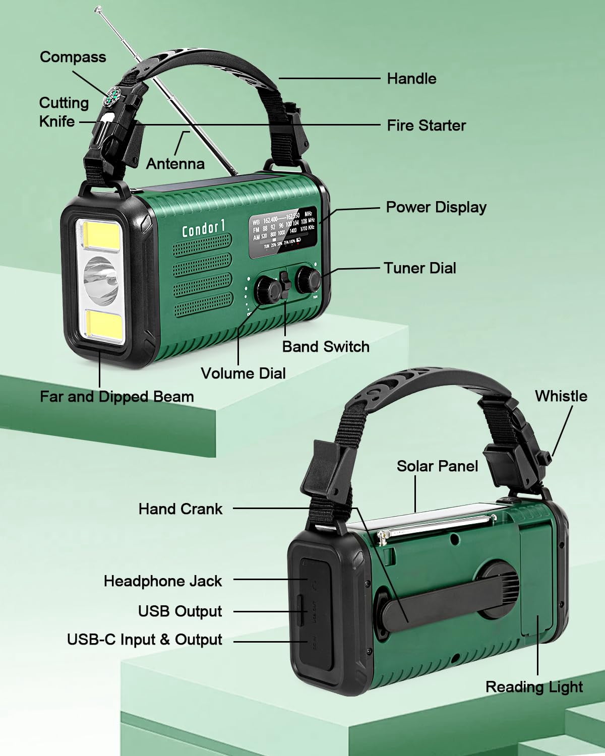 Emergency Crank Radio  20000mah / 74000mwh Solar Hand Weather With Noaa/am/fm Cell Phone Reading Lamp Flashlight & Sos For Emergencies/home (green)