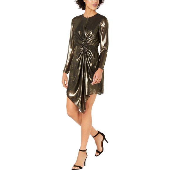 Lucy Paris Vestido de línea A con parte delantera torcida dorada para mujer, Metálico, XS
