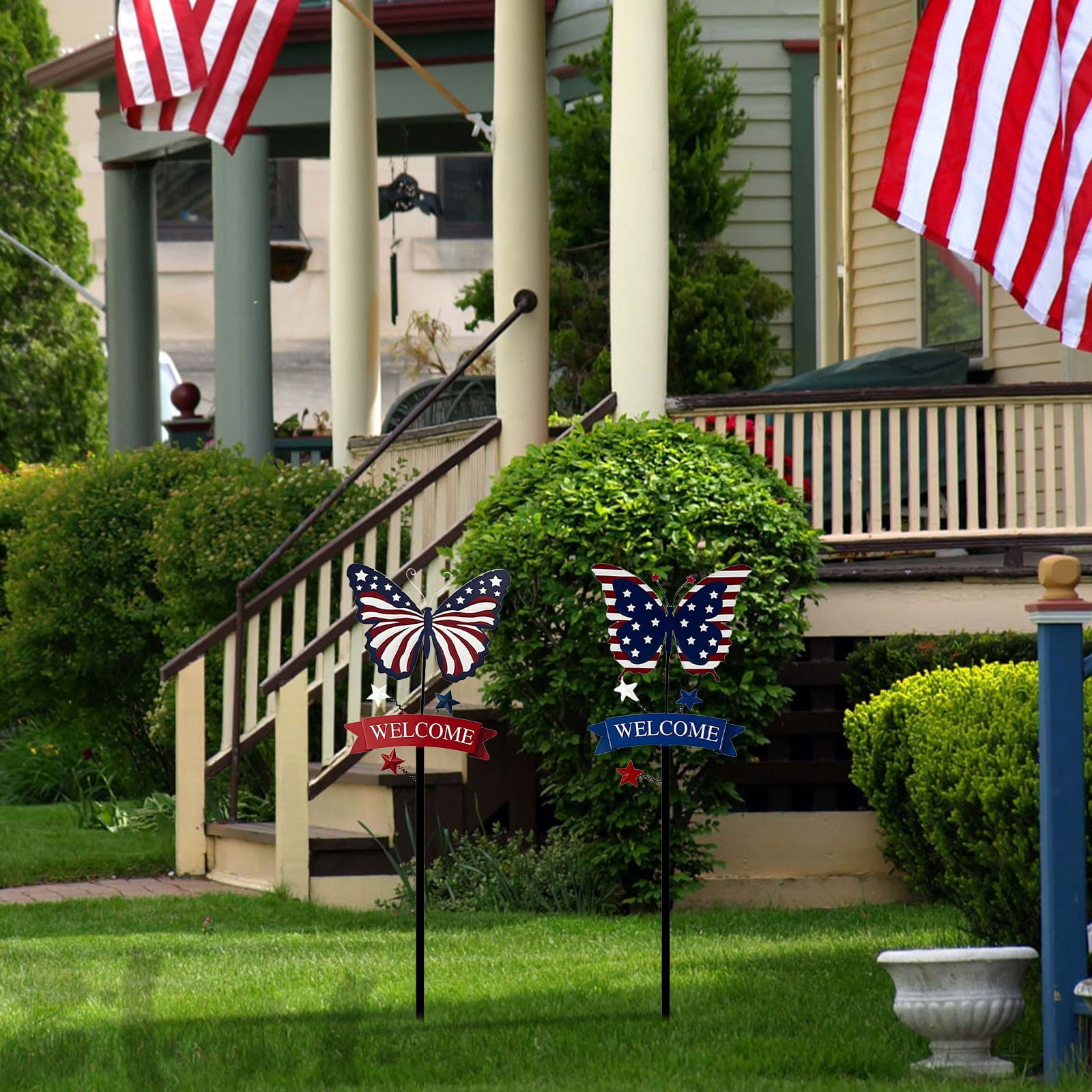 ERTZAE 2Pc Patriotic Garden Stake,15.74" Patriotic Butterfly Welcome Yard Stake,4Th Of July Decorations Outdoor,Usa Lawn Porch Yard Sign,Red White Blue Independence Anniversary Memorial Day Decor