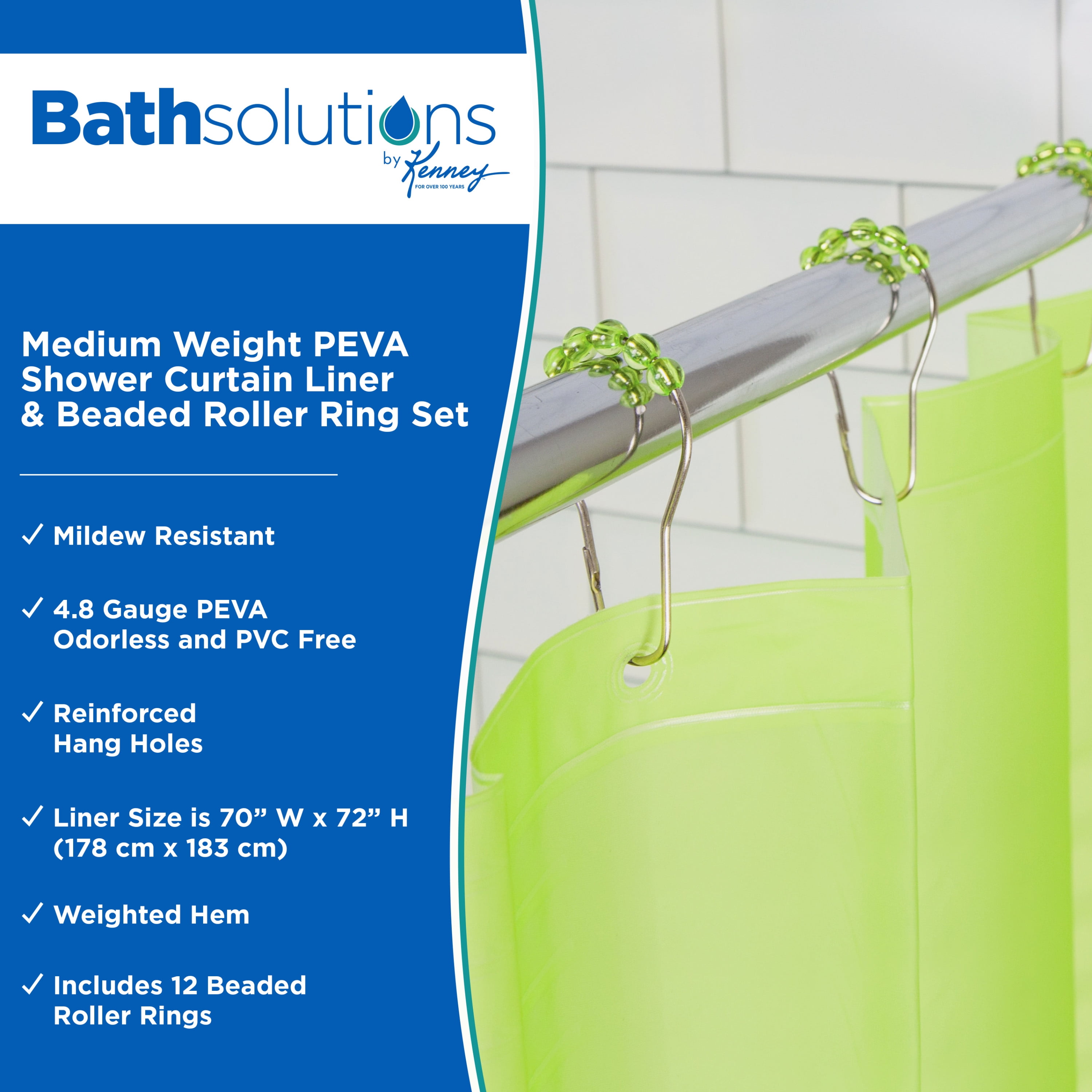 Kenney Medium Weight PEVA Shower Curtain Liner and Beaded Roller Ring Set, 70" W x 72" H, Green