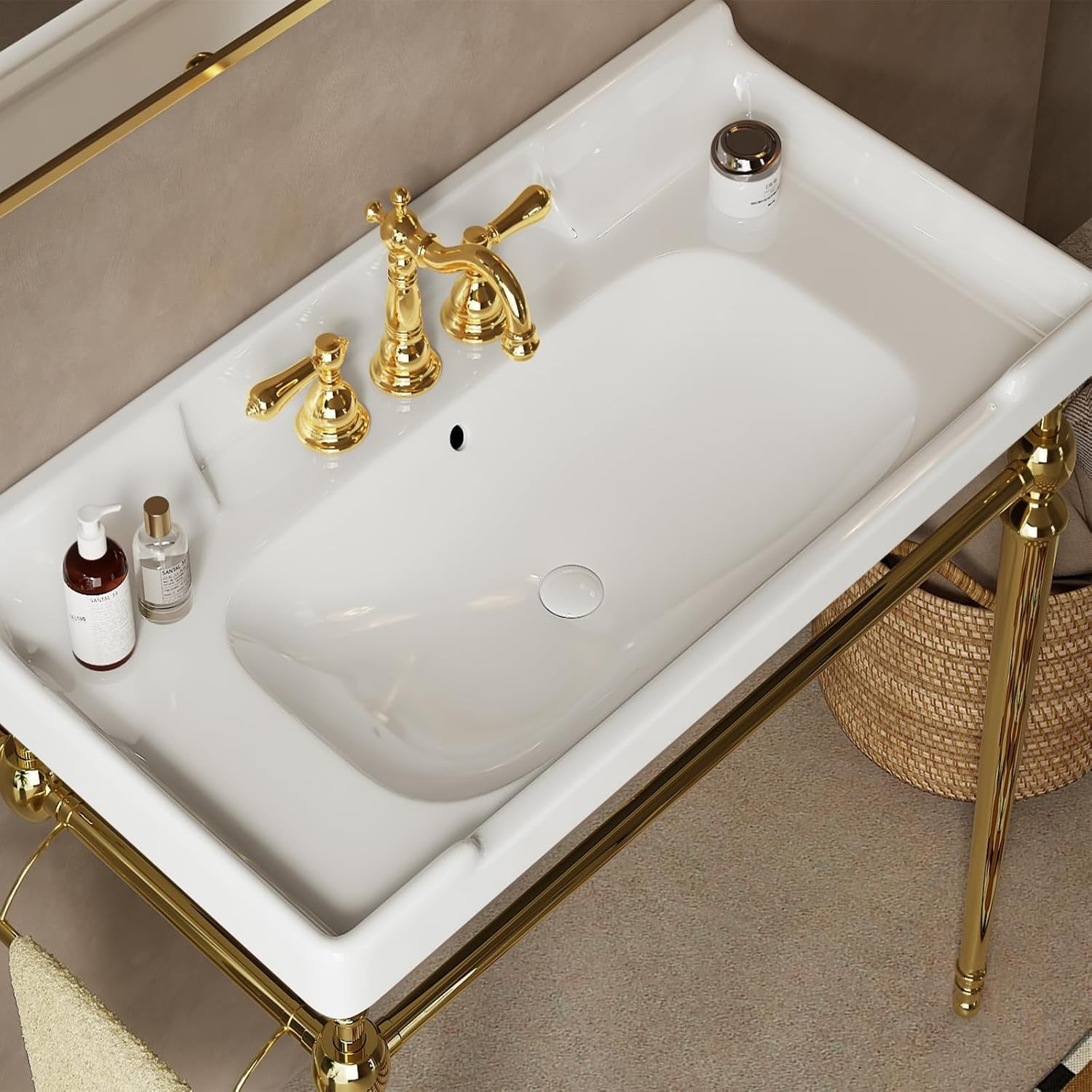 36"Console Bathroom Sink, Freestanding Console Sink With Stainless Brushed Gold Legs, Modern Bathroom Vanity with 3 Tap Holes