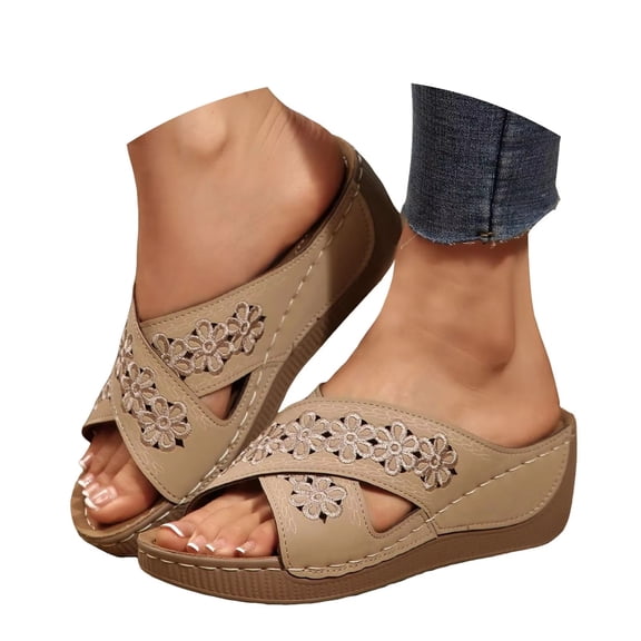 longantii Orthopedic Casual Sandals for Women Arch Support Flat Wedge Sandals Breathable Non Slip Slip on Beach Slippers Soft 2026 New Foam Shoes Beige