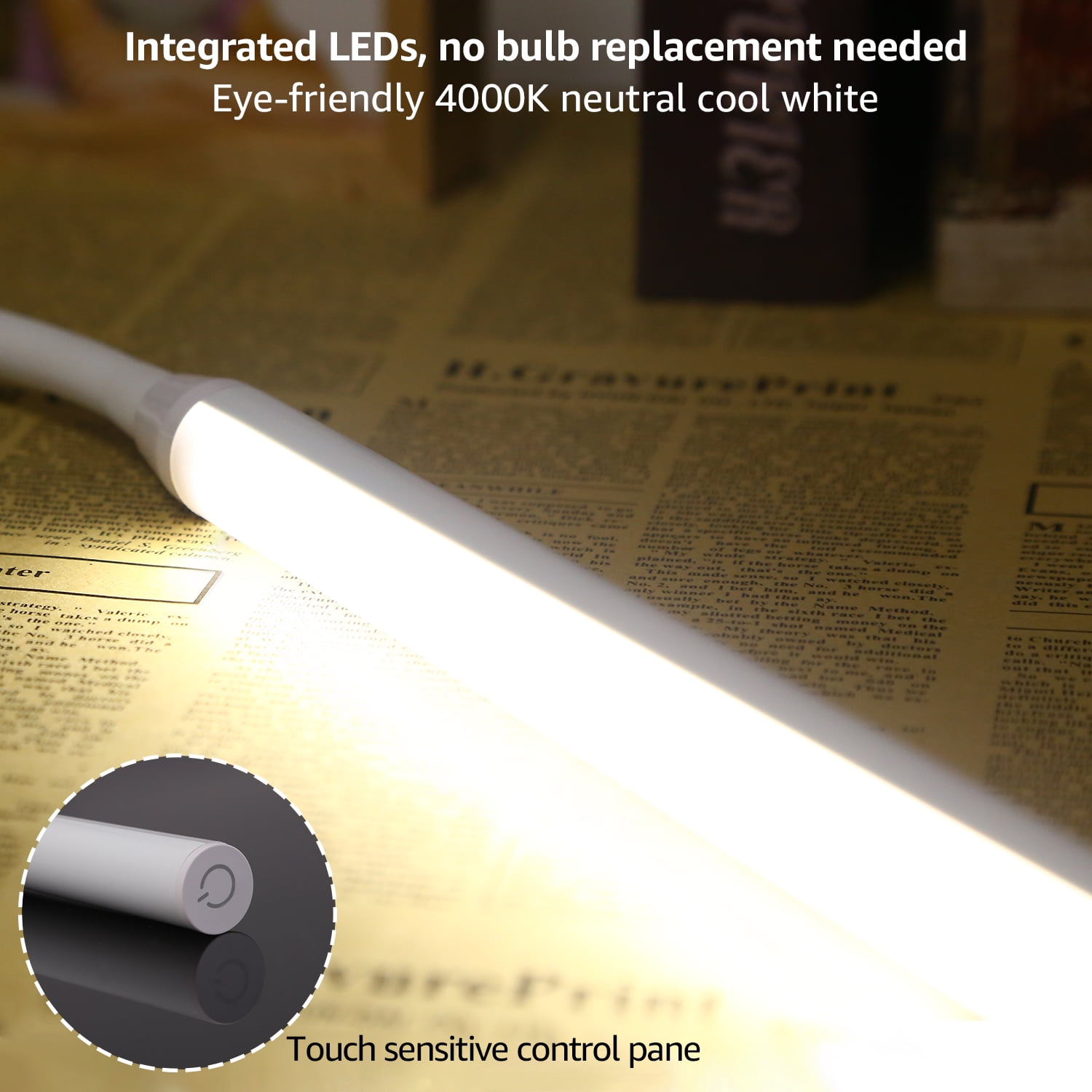 TORCHSTAR 5W Dimmable Flexible Study Clamp Desk Lamp, 26 LEDs Eye-Care Touch Sensitive Light with Memory Function, 4000K Cool White, USB Powered, ETL-Listed Power Adapter, 30,000hrs Lifespan，White