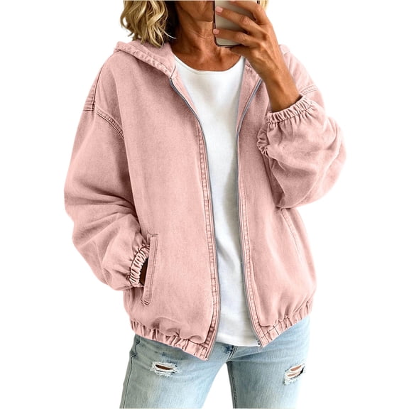 uublik Women's Jean Jacket Pink Casual Long Sleeve Zip Up Denim Jacket Fall Coat