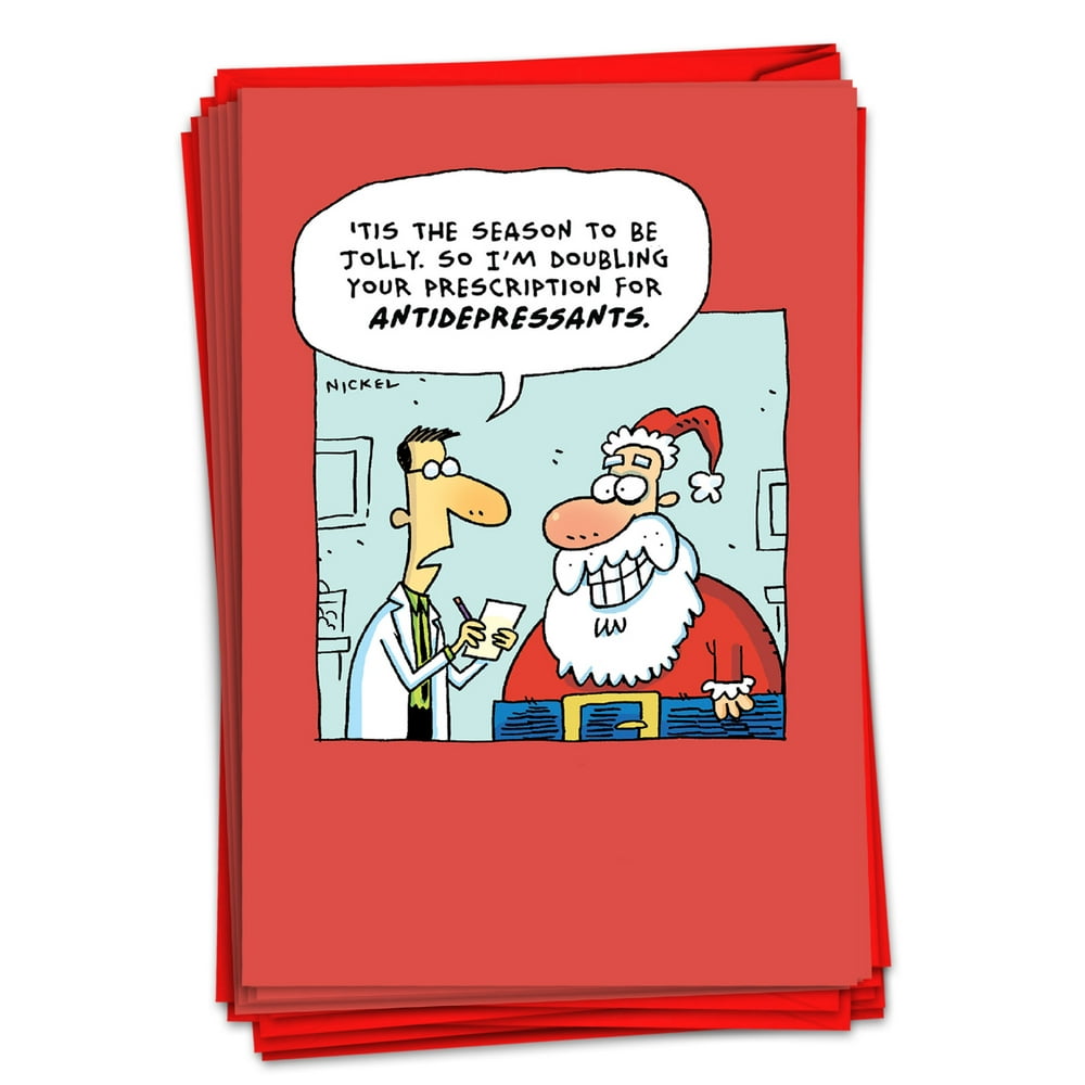 12 Boxed Merry Christmas Cards Funny (1 Design, 12 Cards) Jolly Santa