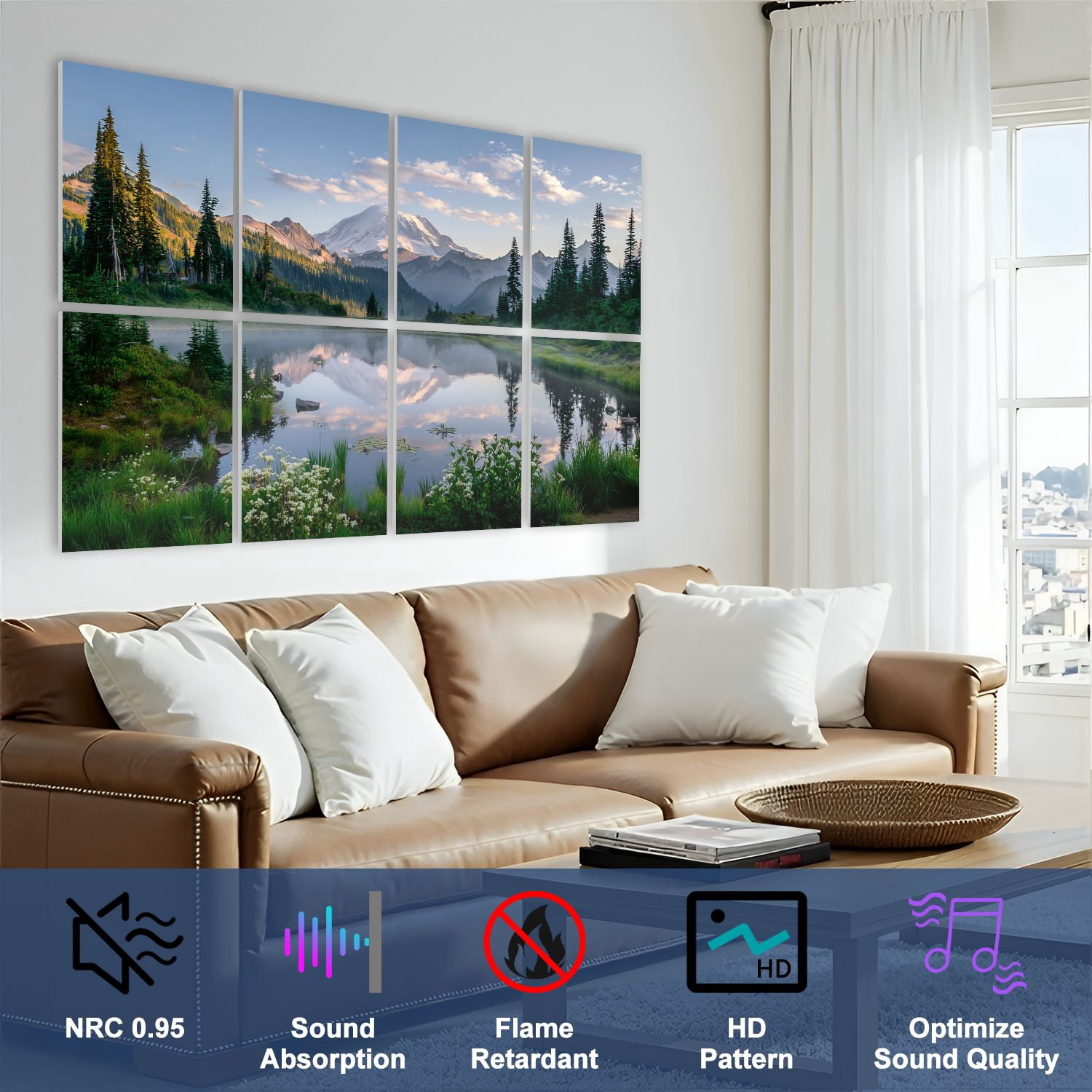 8 Pack Art Acoustic Panels Sound Absorbing Rainier Reflection Lake sunrise wildflowers blooming Decorative Soundproof Wall Panels Self Adhesive for Nursery Game Room Bedroom 48"x32"