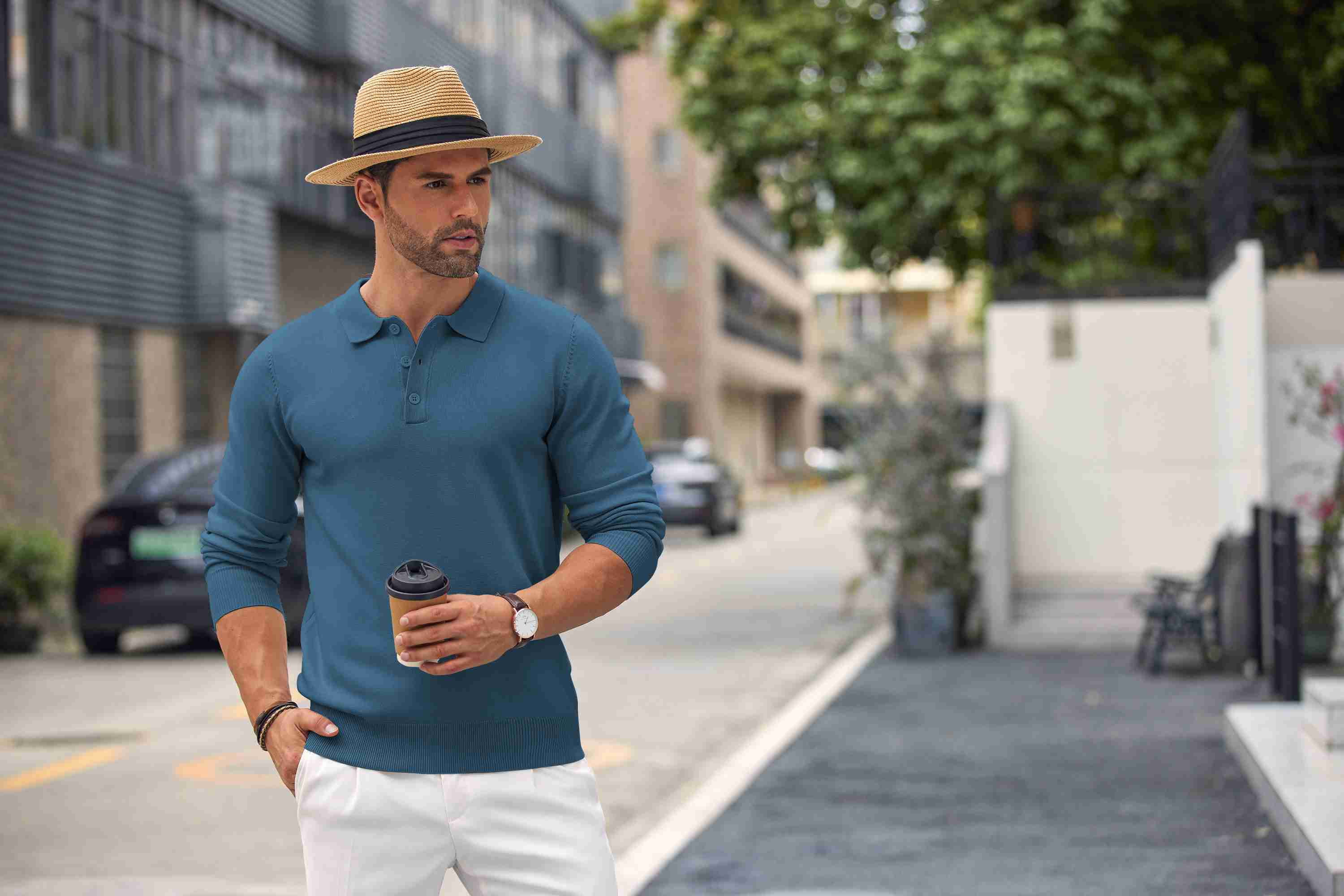 COOFANDY Mens Polo Shirts Pullover Long Sleeve Knit Lightweight Sweater Casual Golf Shirts Denim Blue