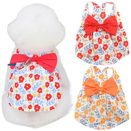 Meidiya Dog Bowknot Floral Dress Pet Princess Dress Dog Sundress with Leash Ring Dog Tutu Skirt Puppy Summer Dress for Small Pet Dogs and Cats