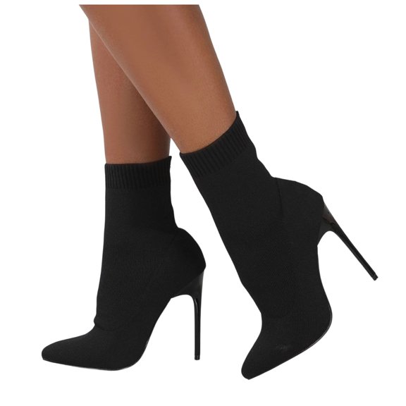 Rokment Stiletto Slip on Socks Mid Calf Dress Boots for Women Ladies Stretchy Knit Fashion Pointed Toe High Heels Dressy Pumps Short Booties Business