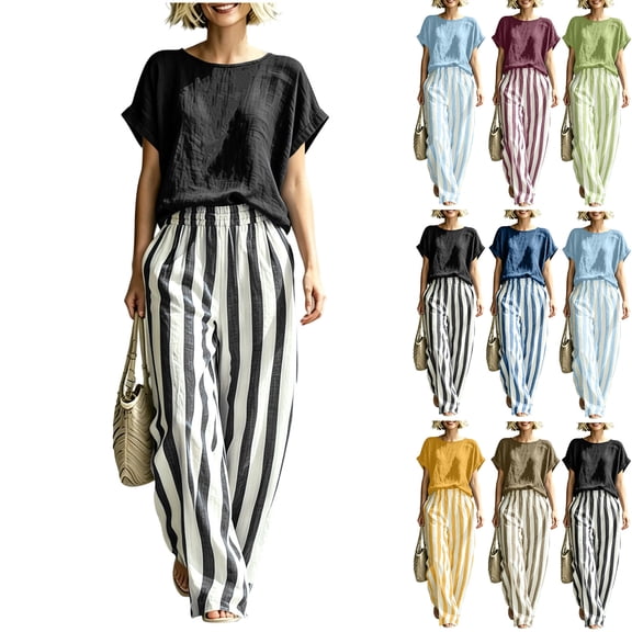 Plus Size Two Piece of Outfits for Womens Round Neck Short Sleeve Pinstripe Pocket Elastic Waist Long Pants Sets,S,Black