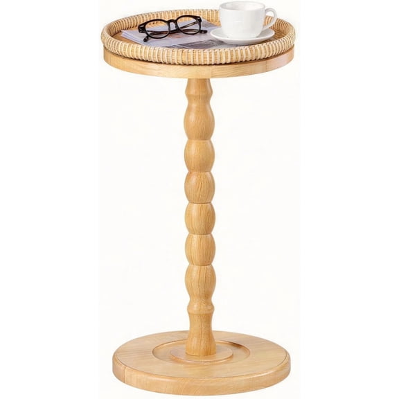 Rattan Round Side Table, Solid Wood Drink Table,Rubberwood‌ Small Drink Table for Small Spaces, Solid Wood Pedestal Coffee Tables, End Tables for Living Room, Sofa , Bedroom