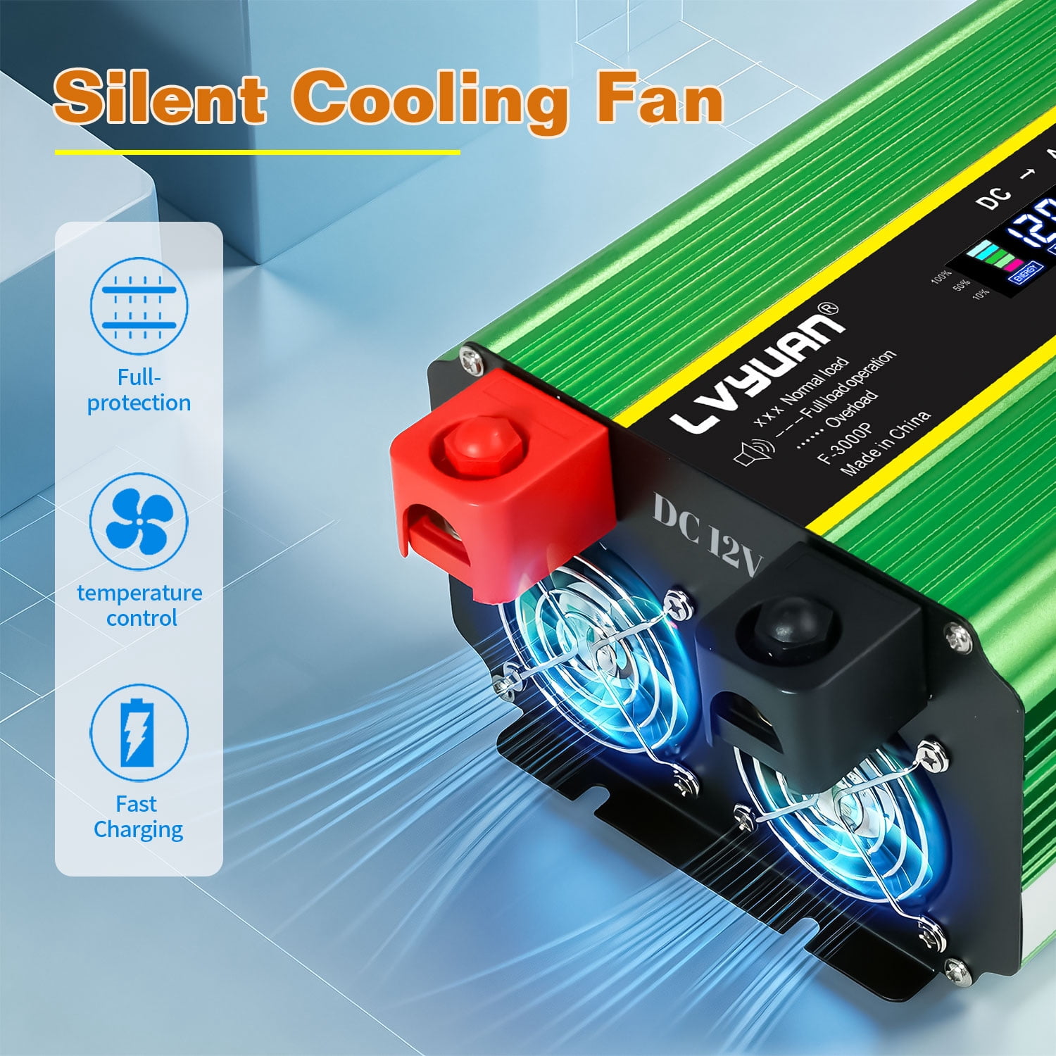 LVYUAN 3000W Pure Sine Wave Power Inverter 6000W Peak DC 12V to AC 110V Car Converter with LCD Display, Remote Control, 4 AC & 4 USB Ports, for Car, RV, Truck, Camping, Off-Grid, Home Backup Green