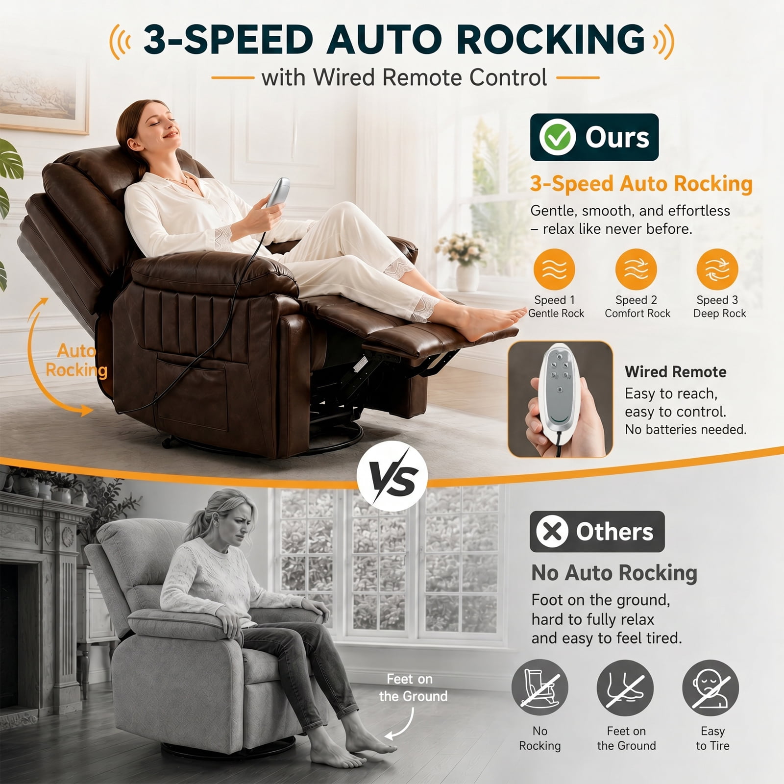 Pmango Electric Automatic Rocking Recliner Chair for Adults with 3 Speeds, Wired Remote Control, Power Auto Rocking Recliner, 5-15 Minutes Rocking Timer Function, for Living Room, Nursery, Brown
