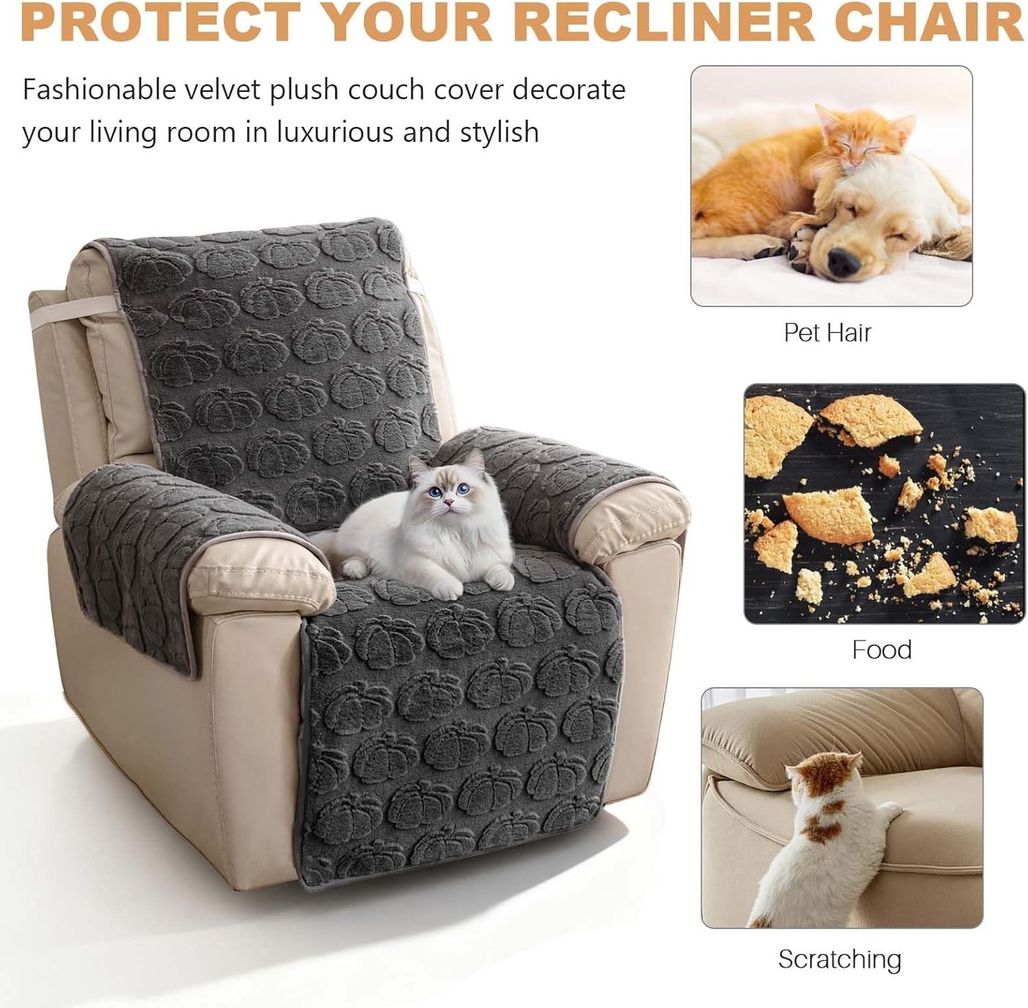 TOPCHANCES Plush Recliner Chair Cover, Faux Rabbit Fur 1-Seater Sofa Cover, Washable Armchair Protector with Adjustable Elastic Belt for 23 Inches Recliner (Gray)