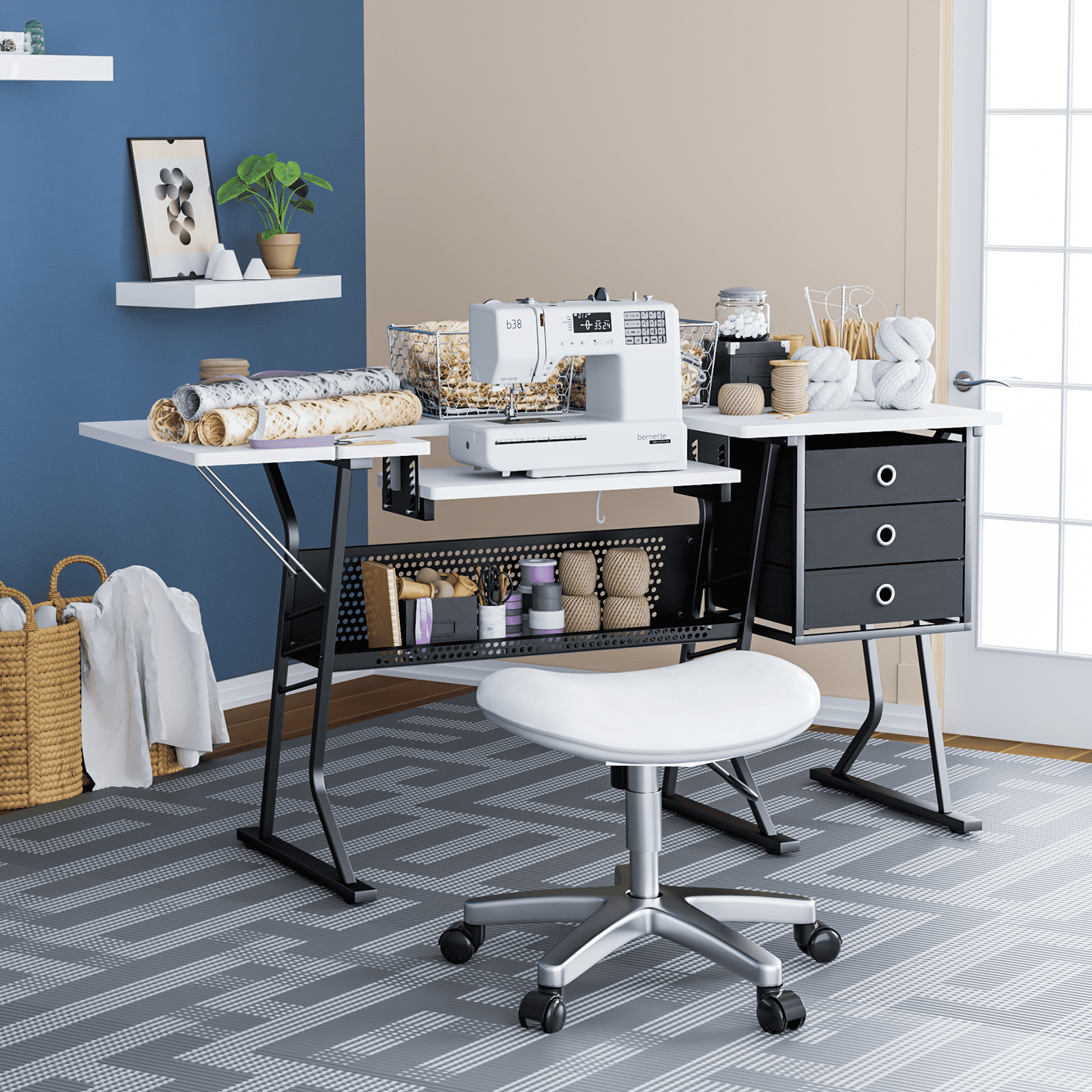 Magshion Sewing Machine Table with Fold-Down Top, Height Adjustable Platform Craft Table with Storage Shelves & Drawers, White