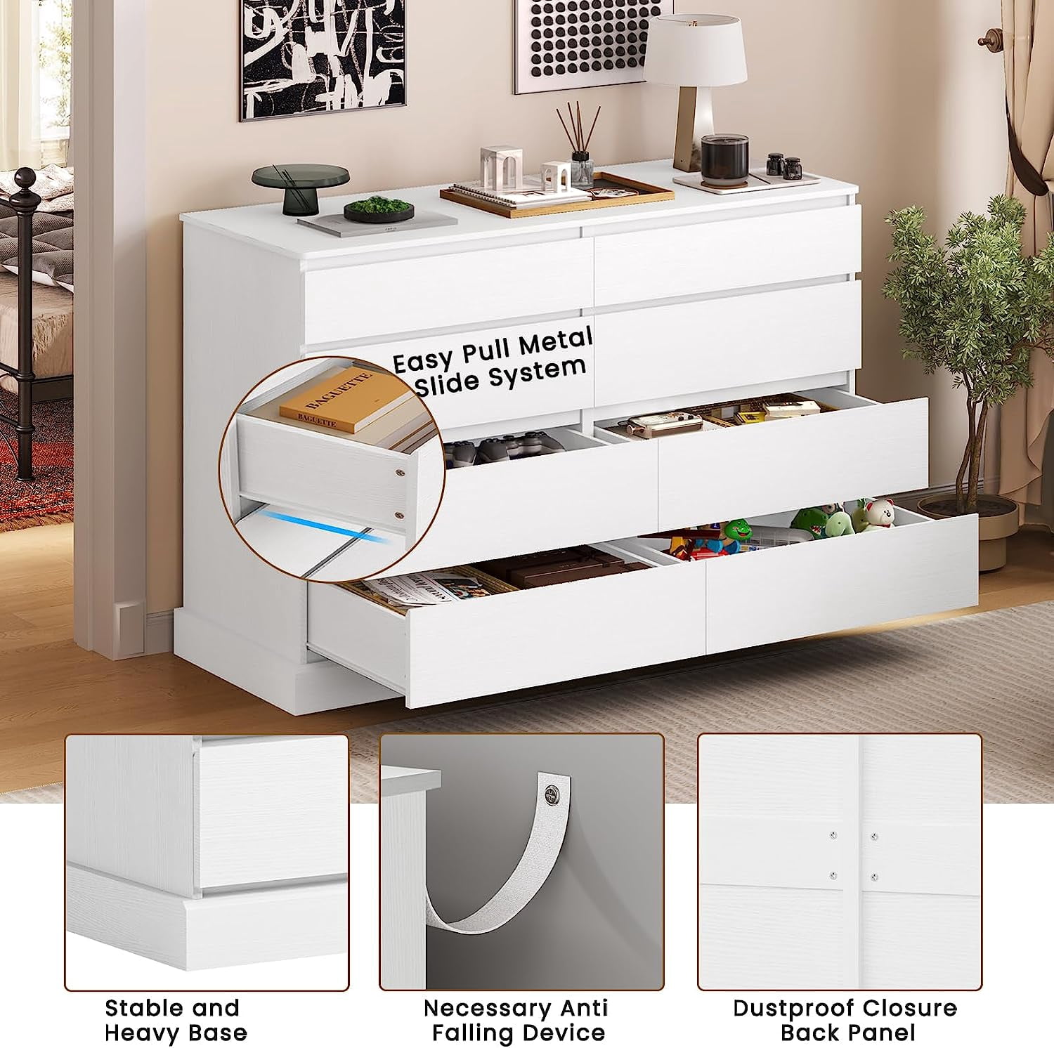 8 Drawers Double Dresser Wooden White Dresser Chest of Drawers for Bedroom,Large Storage Cabinet for Home Living Room