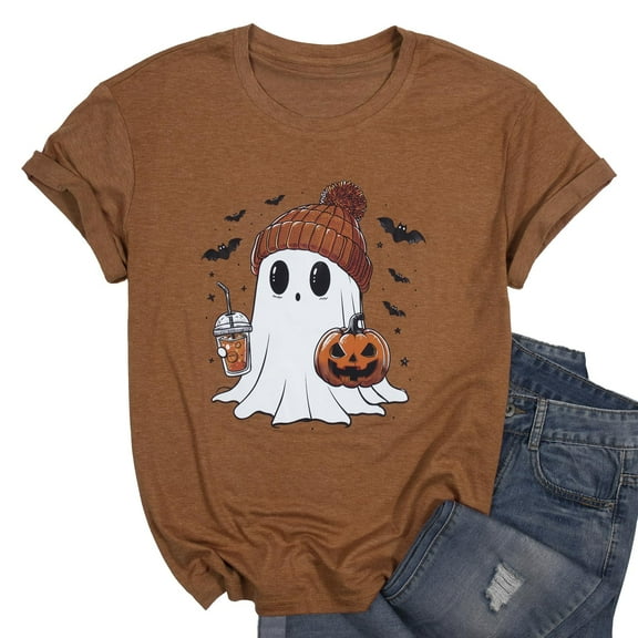 KimSoong Women Halloween T-Shirt Cute Ghost Fall Pumpkin Graphic Shirt Coffee Lover Tees Short Sleeve Tops
