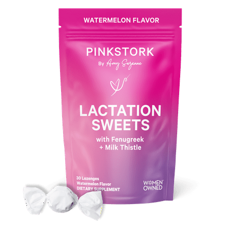 Pink Stork Lactation Sweets Supplement, Breastfeeding Snacks with Fenugreek and Milk Thistle to Support Breast Milk Supply - 30 Watermelon Candy Drops (Packaging May Vary)