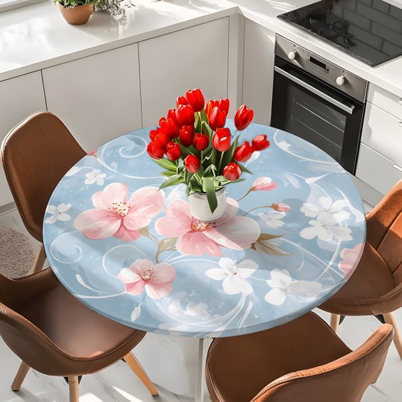 Pink Flower Elastic Fitted Round Tablecloth Light Blue Pattern Waterproof Outdoor Table Cover for Holiday Party, Picnic, Patio & Dining Fits Tables Up to 36"-44"