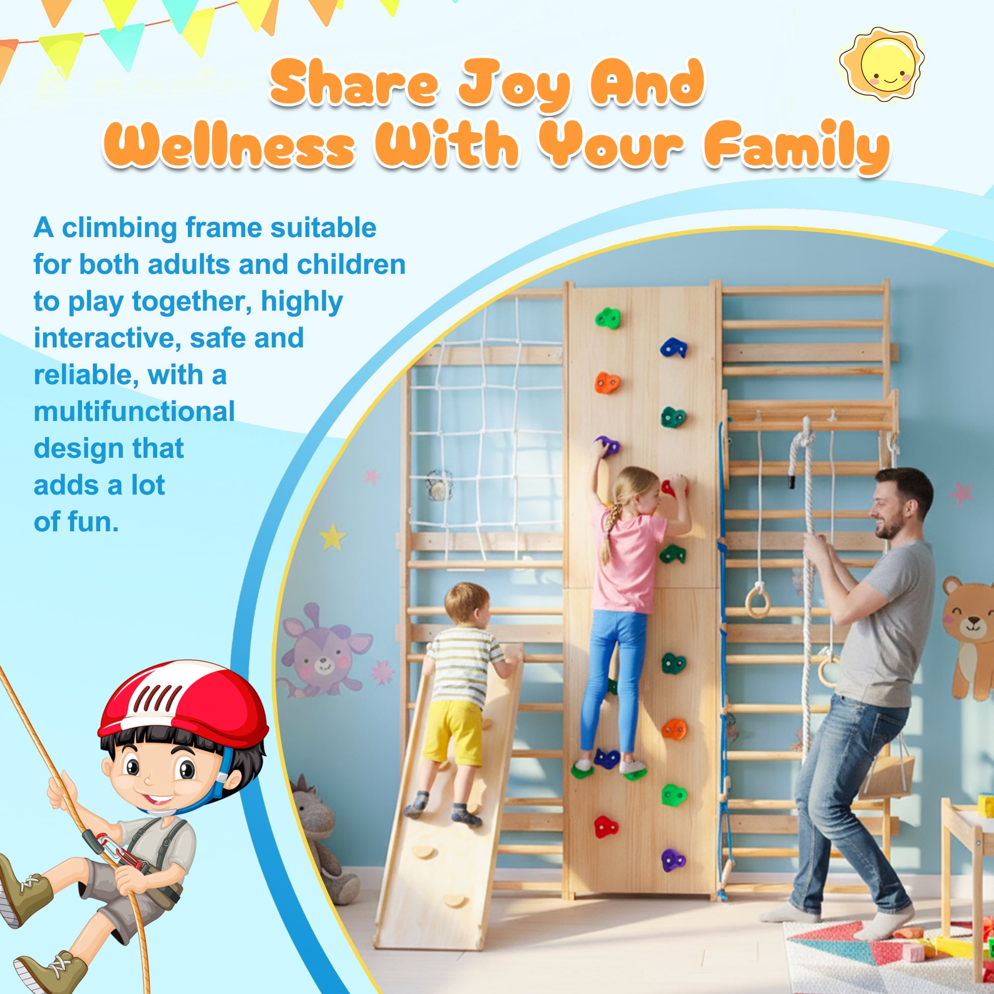 EUROCO 10-in-1 Wall-Mounted Wooden Playground Climbers, Indoor Jungle Gym for Kids, Ladder Wall Gym Set with Trapeze Swing, Rock Climbing Wall, Wooden Swings, Pull-up Bar and Rope Ladders