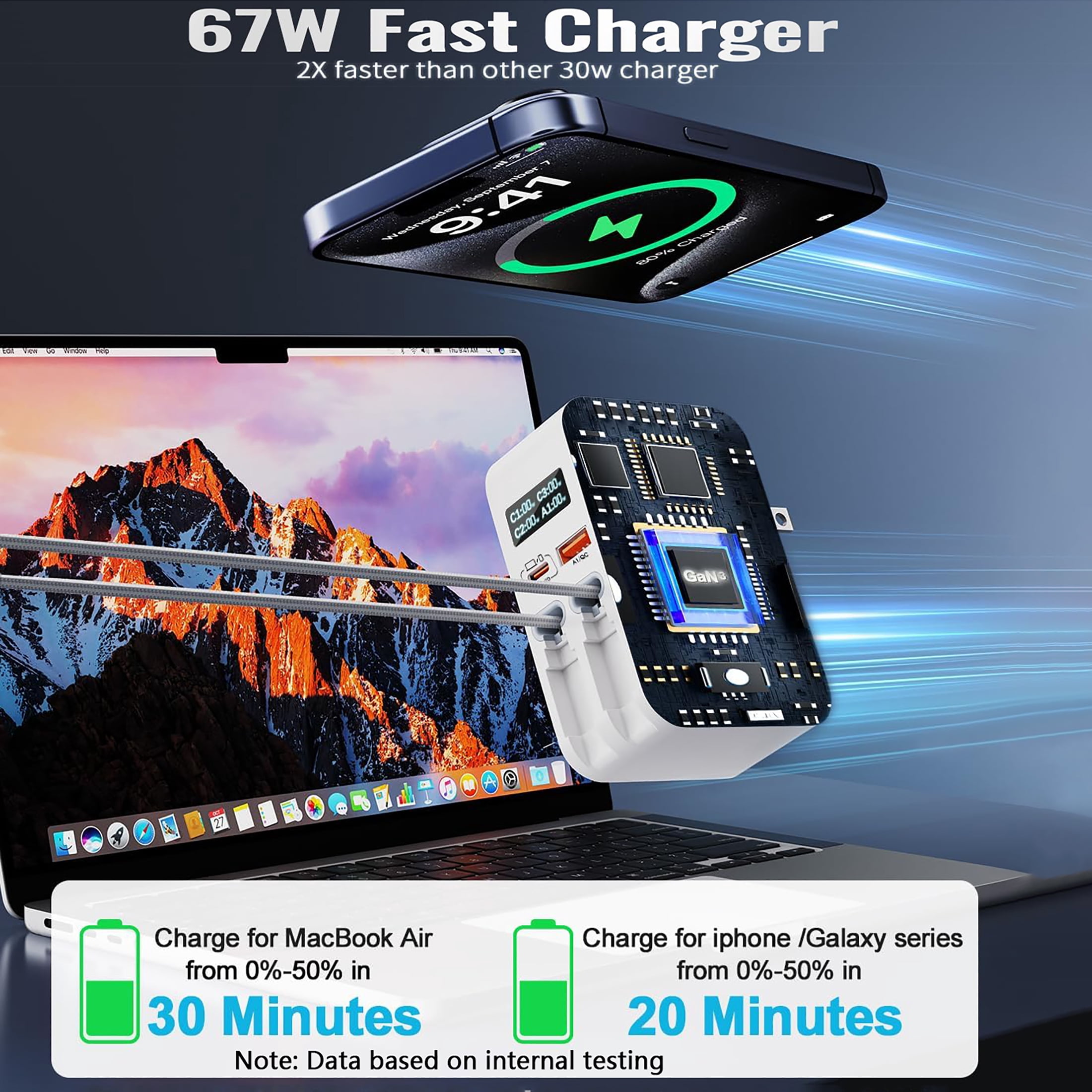 Jasput 67W Retractable Phone Wall Charger,4 in 1Wall Charger with Dual Cables &2 Ports&LED Display,PD 30W USB C Fast Charging Block for Phone 17 16 15 14 13 Pro Max,Galaxy 25 24, Tablet