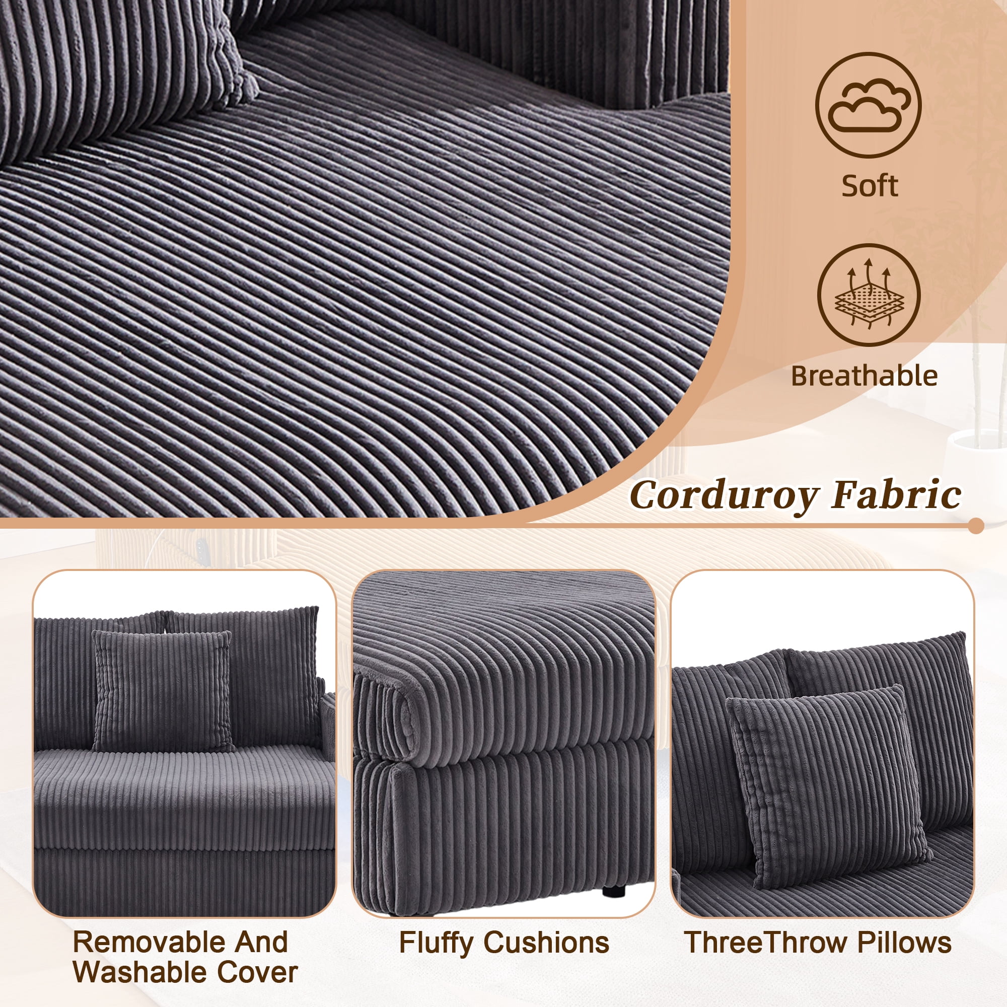 MOONMISS Corduroy Upholstered Oversized RGB LED Light Recliner Sofa Bed with Cup Holder,USB&3 Pillows-Dark Grey