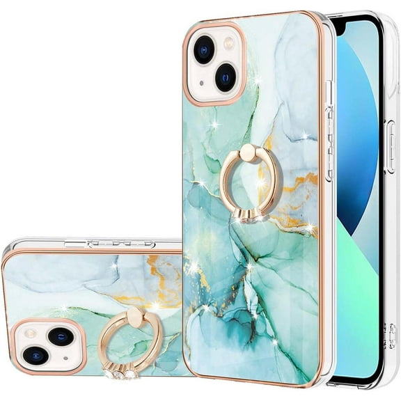 Marble Pattern Case for Apple iPhone 14 Plus with 360°Ring Holder Kickstand, Ultra Slim PC Material Shockproof Protective Girls Women Case Cover for iPhone 14 Plus DLS Ripple Green