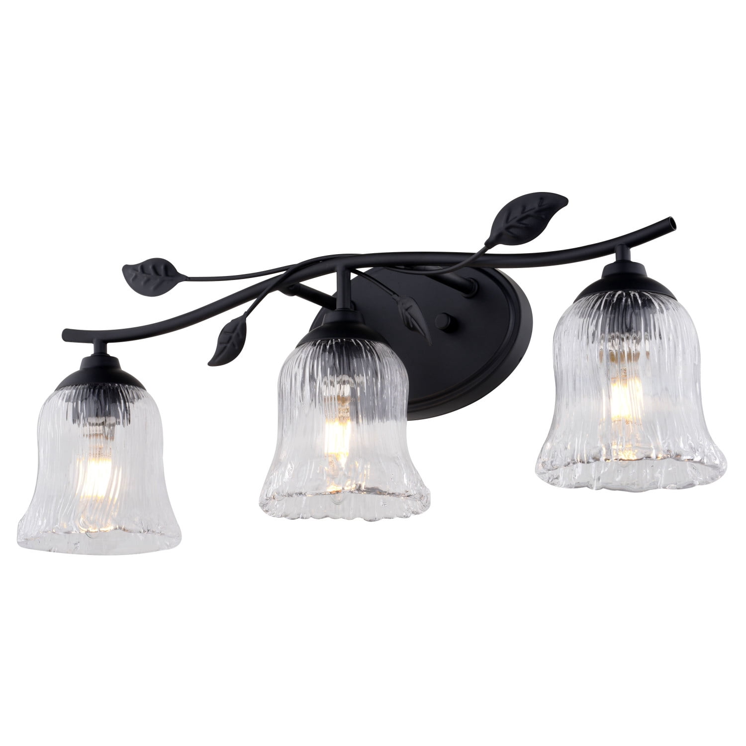 Fairwood 3-Light 21 in. Wide Matte Black Rustic Bathroom Vanity Lighting Fixture, Clear Ribbed Glass Shade, Dimmable, LED Compatible, Over the Mirror Mounted Metal Wall Sconce, Branch and Leaf Motif