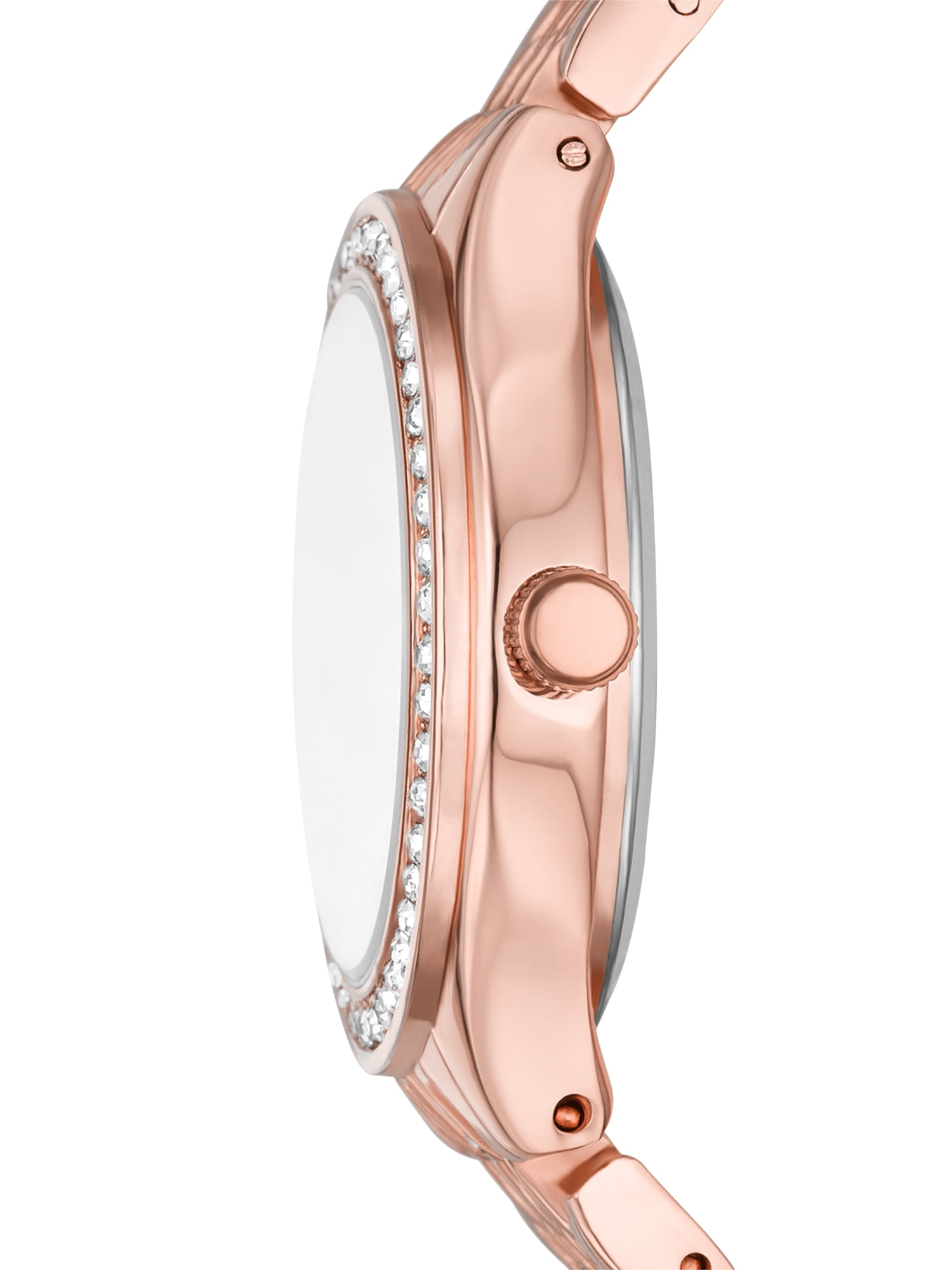 Folio Women's Gift Set; Rose Gold Tone Bracelet Watch, Clear Stone Case and Rose Gold Link Bracelet and Necklace with Heart Pendant(FMDAL1172)