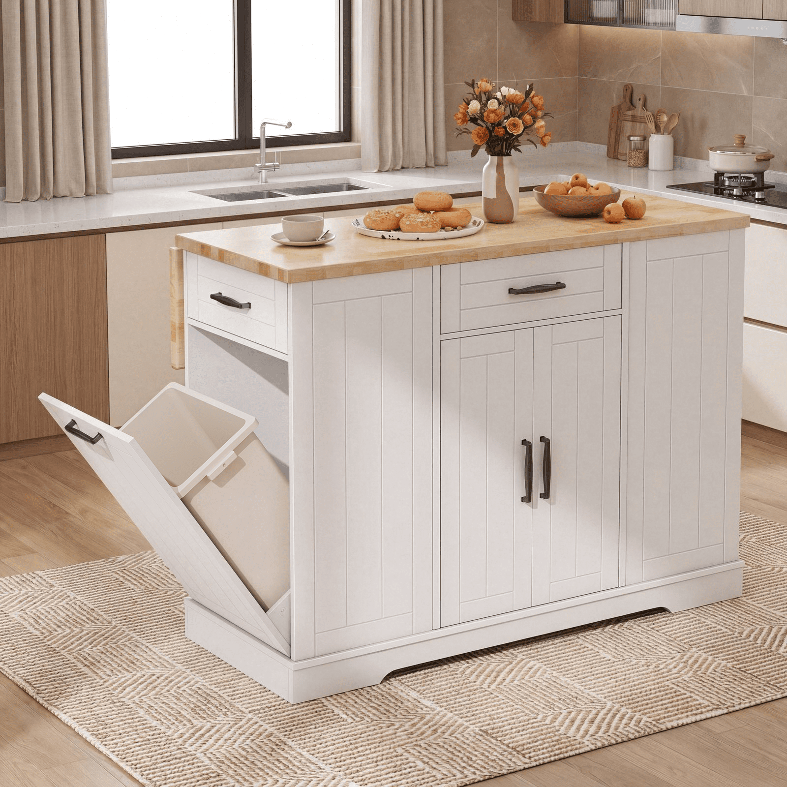 ROGALIS 47"Kitchen Island with 2 Chair, Stationary Island Table with Power Outlet, USB Ports, Spice Rack, Trash Cabinet, and Foldable Drop Leaf for Home Bar or Dining Room,White
