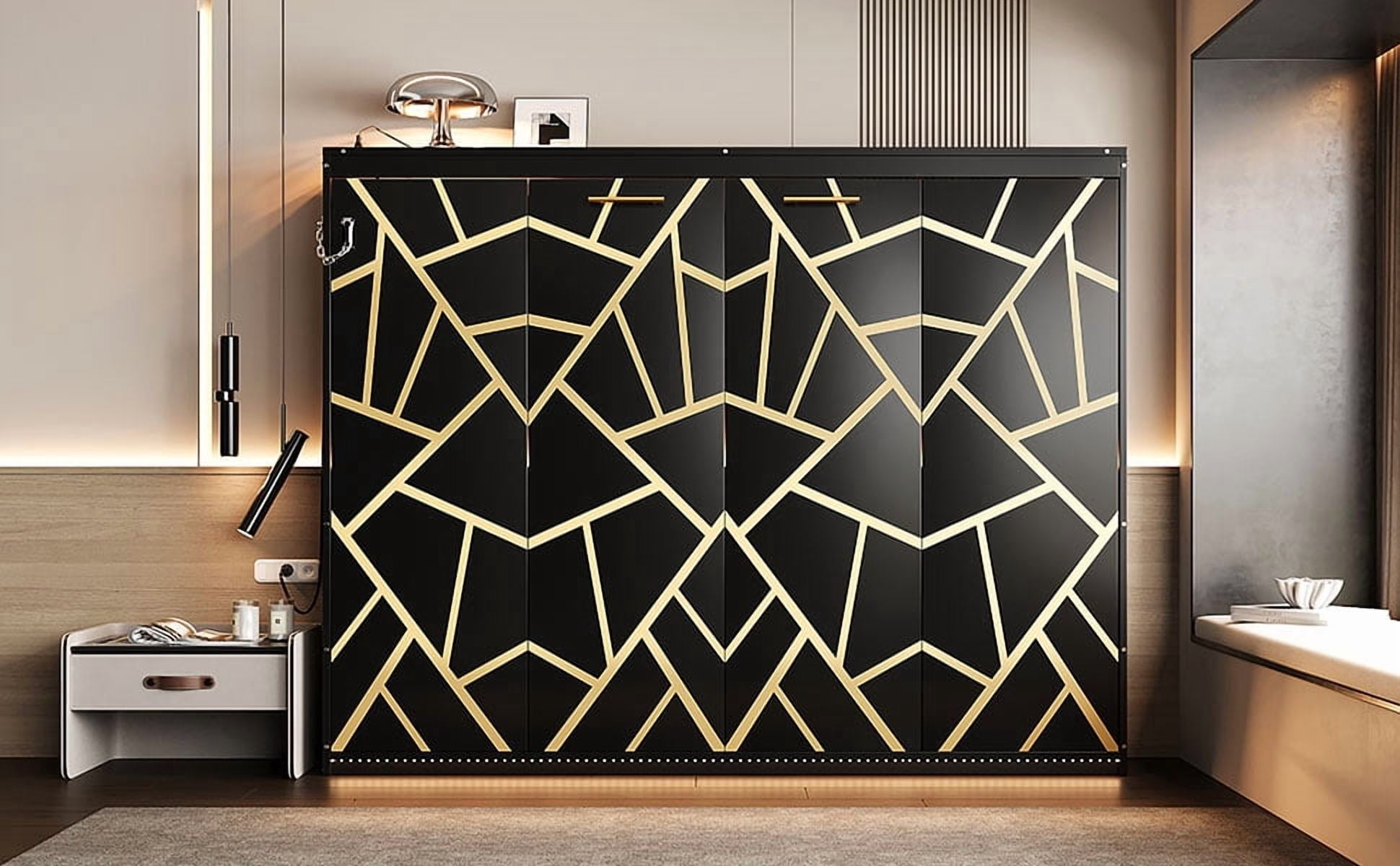 Mintazer Queen Size Murphy Bed with LED Lights & USB Port, Modern Folding Cabinets Bed with Gold Geometric Pattern for Home Office, Black
