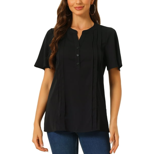 BLUSAS V DE INSPIRACIÓN CHIC PARA MUJERES, CAMISAS CASUAL ELEGANTES, CAMISAS CON BOTONES, ROPA DE TRABAJO, CAMISETAS DE MANGA CORTA, NEGRO, TAMAÑO XS