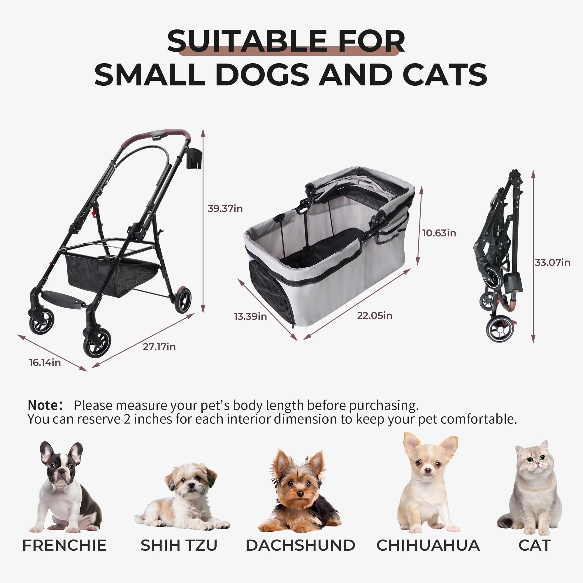 Foldable Pet Stroller with 360-Degree Rotating Wheels and Adjustable Canopy, Dog and Cat Travel Carrier with Storage Basket, Grey