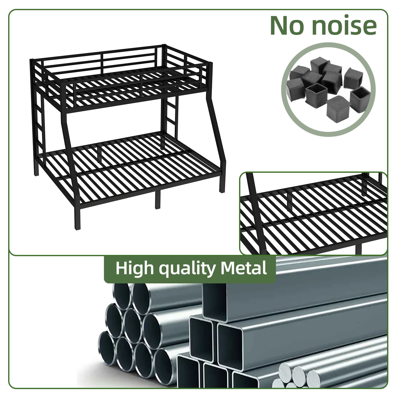 Miniyam Twin over Full Metal Bunk Bed with Guardrail, Dual Ladders, Quiet Slat Support, Under-Bed Storage, Black