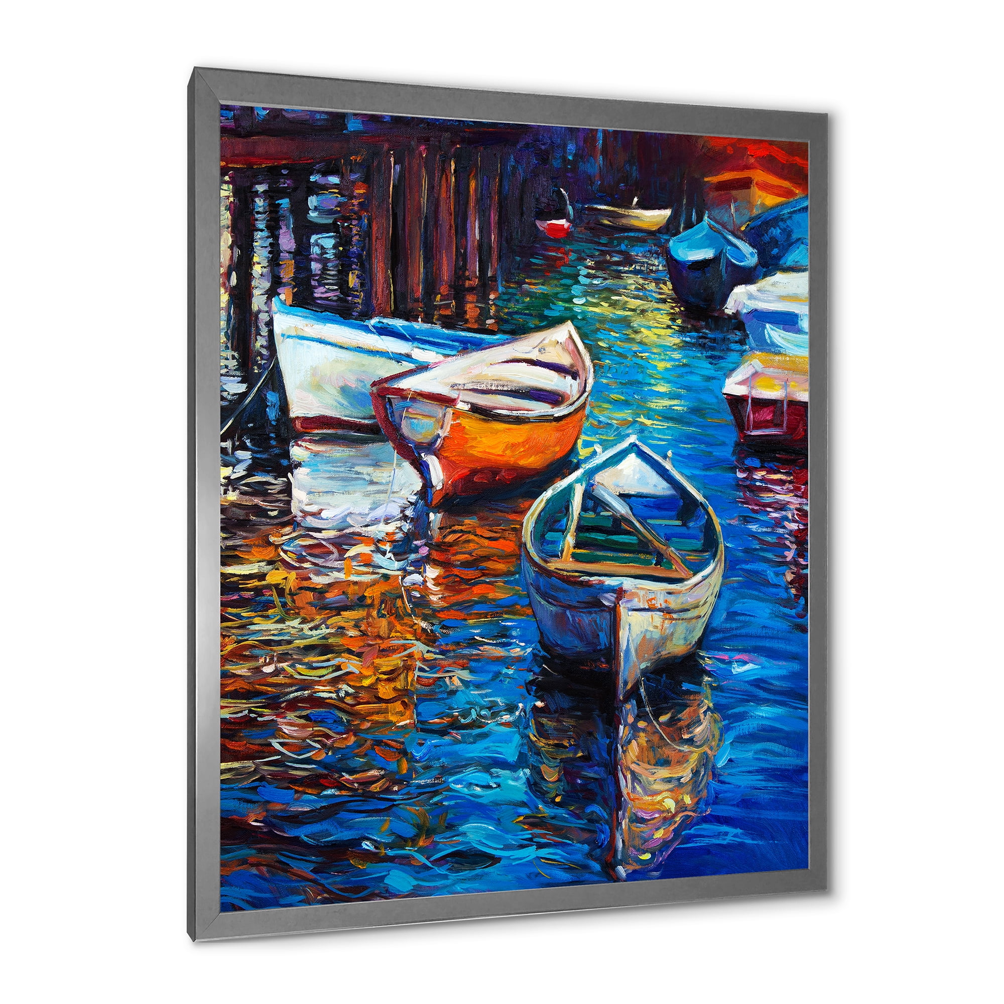 Boats During Warm Sunset Resting On The Water X 30 in x 40 in Framed Painting Canvas Art Print, by Designart