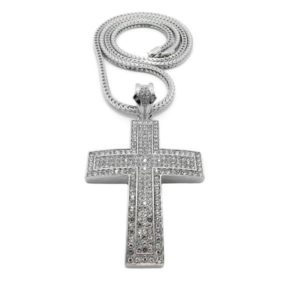 Silver Plated Alloy Iced Bling Cross Pendant & 4mm 36" Franco Chain Necklace