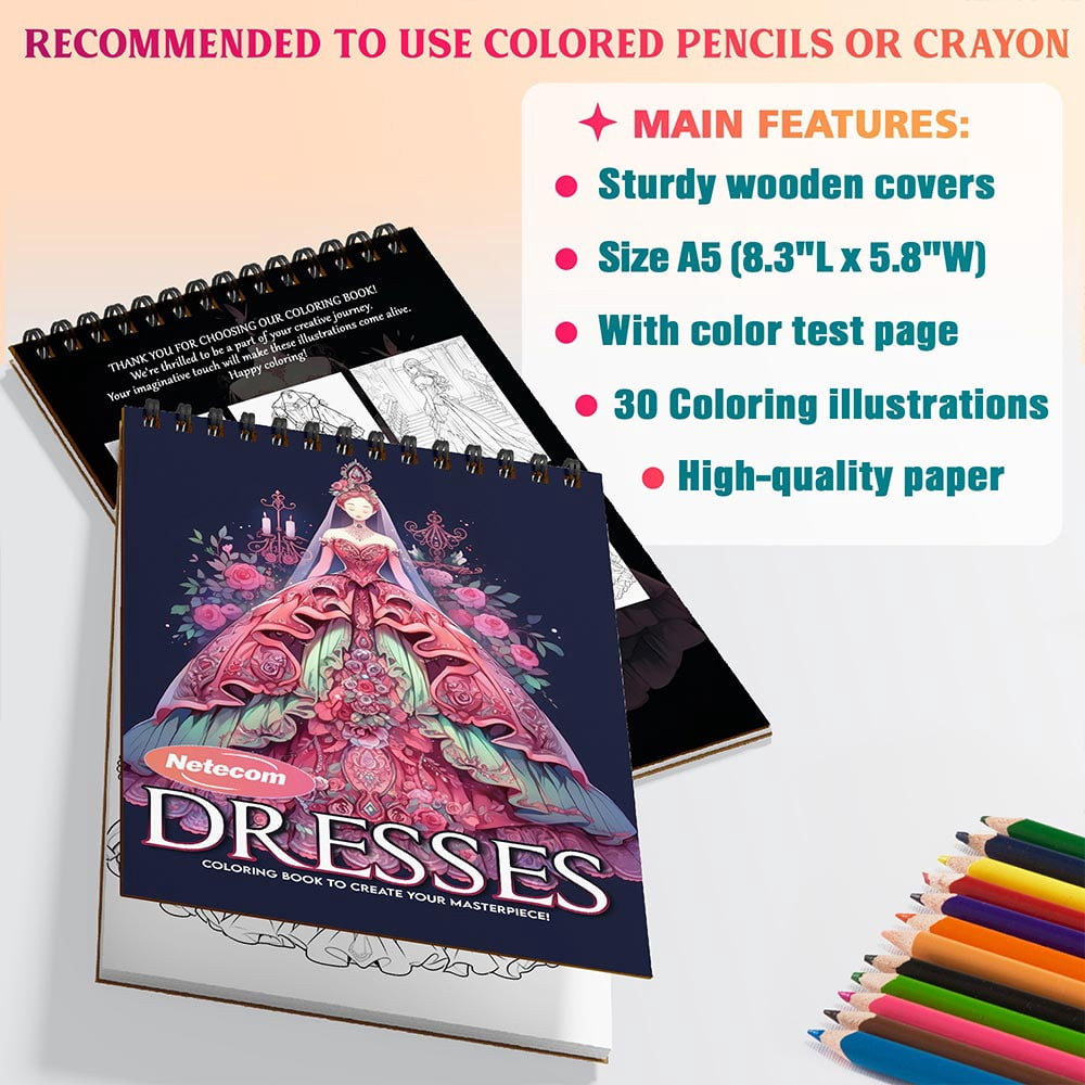 Netecom Dresses Coloring Book Spiral Bound For Adults, A5 Wooden Cover, 30 Elegant Coloring Pages of Vintage Gowns for Stress Relief and Relaxation