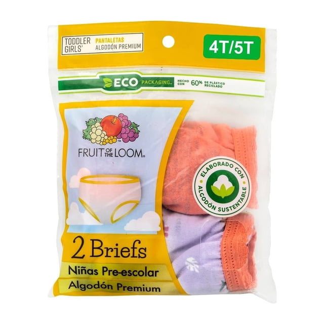 Pantaleta Fruit Of The Loom para Niña, paquete con 2 piezas talla 4-5, multicolor con diseño liso y estampado de dinosaurios, hechas en 100% algodón premium extra suave con bandas recubiertas en piernas y cobertura trasera para mejor ajuste, ideales como ropa interior preescolar cómoda y duradera.