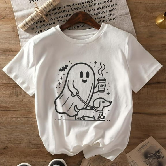 Womens Dachshund Halloween Graphic Tee Cute T Shirt Tops Short Sleeve Round Neck Comfortable White S-5XL