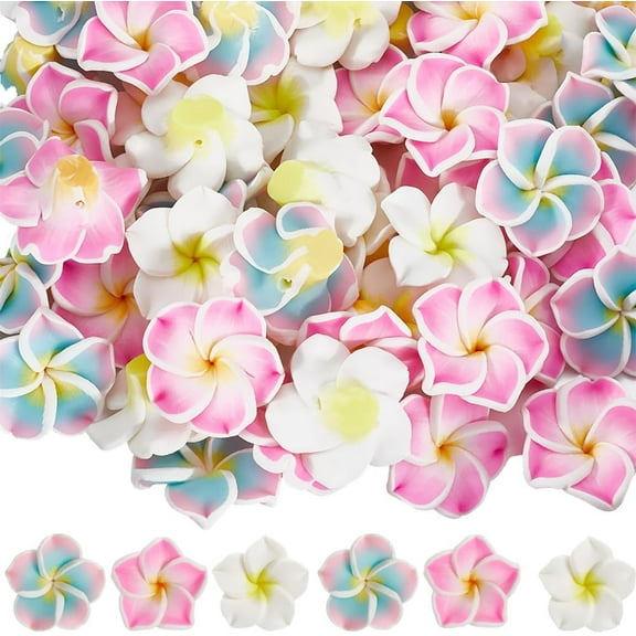 1 Set 1 Box 60pcs 20mm Hawaiian Flower Beads Flowers Clay Beads Plumeria Frangipani Pink White Loose Spacer Spring Summer Floral Bead for Jewelry Making Women Adult DIY Gift Craft Supplies
