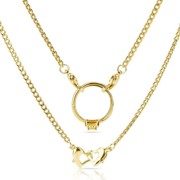 Double Heart Ring Holder Necklace Stainless Steel Paperclip Ring Holder Necklace with Handcuff Clasp for Wife Fiancee Nurse Ladies Gift Gold DIY